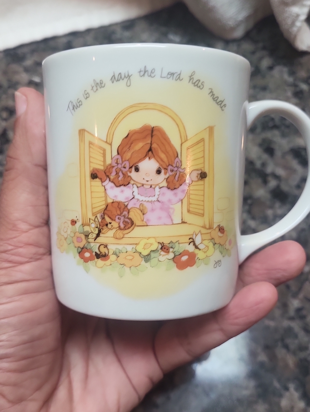 Precious Moments Pink Girl Window Mug "This is the Day the Lord has made" saying